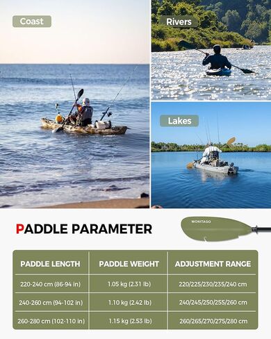 مجداف كاياك مع عمود من الألياف الزجاجية وشفرة بلاستيكية، مجذاف كاياك قابل للتعديل، 86-94 بوصة (220-240 سم)، 94-102 بوصة (240-260 سم)، 102-110 بوصة (260-280 سم) in Kuwait