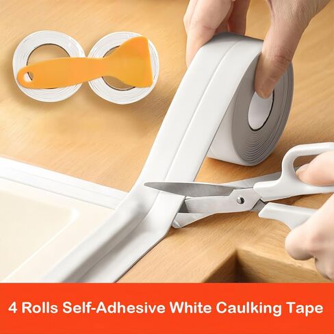 4 Rolls White Caulking Tape, Self-Adhesive Waterproof Sealant Tape for Kitchen, Bathroom, Bathtub, Toilet Base, Countertop Edge Protector, Wall Floor with Sealing Tools (126 x 1.5in) in Kuwait