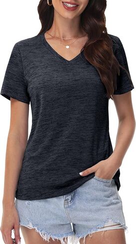 MAGCOMSEN Workout Tops for Women UPF 50+ Sun Protection V-Neck Shirts Moisture Wicking Running Hiking T Shirts in Kuwait