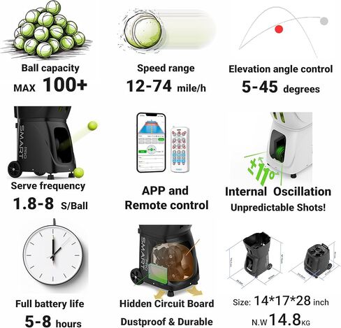PUSUN｜PT-MAX C Flagship Tennis Ball Machine:App Control,12 Drills, Internal Oscillation,87 MPH,6-Level Spin,28-Spot,6-8H Battery, 39.6 lbs Portable, for Tennis/Padel,Training, Practice,Beginners,Pros in Kuwait