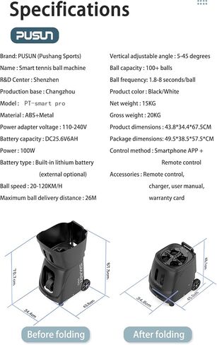 PUSUN｜PT-MAX C Flagship Tennis Ball Machine:App Control,12 Drills, Internal Oscillation,87 MPH,6-Level Spin,28-Spot,6-8H Battery, 39.6 lbs Portable, for Tennis/Padel,Training, Practice,Beginners,Pros in Kuwait