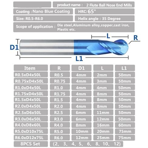 1Pcs Nano Blue Coat Ball Nose End Mill CNC Router Bits HRC 65 2 Flute Spiral Tungsten Carbide Cutter Milling Tool in Saudi Arabia