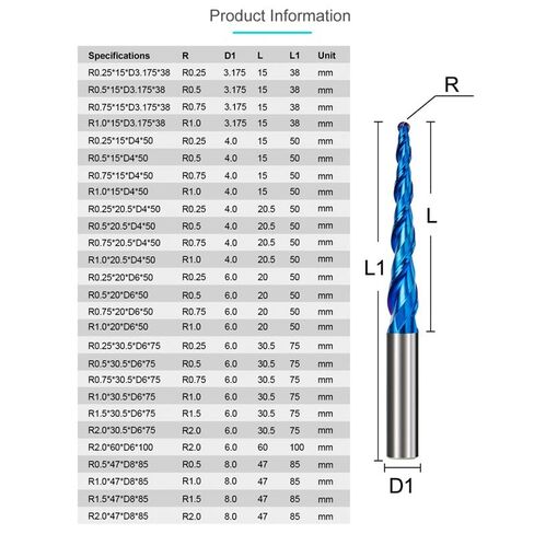 1pcs Tapered Ball Nose End Mill 2 Flute 3.175/4/6/8mm Shank Engraving Bit Spiral Router for Woodworking(R1.0x15x3.175x38) in Saudi Arabia