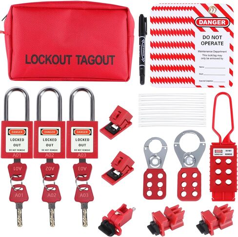 مجموعة Masdun Loto Lockout Tagout Kit الكهربائية - مشابك قفل المجموعة، قفل قاطع الدائرة، علامات القفل، أقفال أمان مع أرقام، أربطة نايلون مع حقيبة جيب (طقم أحمر) in Saudi Arabia