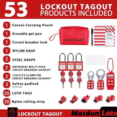 مجموعة Masdun Loto Lockout Tagout Kit الكهربائية - مشابك قفل المجموعة، قفل قاطع الدائرة، علامات القفل، أقفال أمان مع أرقام، أربطة نايلون مع حقيبة جيب (طقم أحمر) in Saudi Arabia