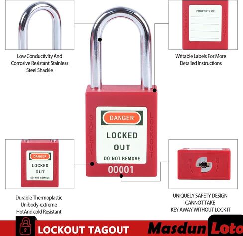 مجموعة Masdun Loto Lockout Tagout Kit الكهربائية - مشابك قفل المجموعة، قفل قاطع الدائرة، علامات القفل، أقفال أمان مع أرقام، أربطة نايلون مع حقيبة جيب (طقم أحمر) in Saudi Arabia