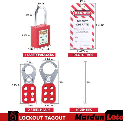 مجموعة Masdun Loto Lockout Tagout Kit الكهربائية - مشابك قفل المجموعة، قفل قاطع الدائرة، علامات القفل، أقفال أمان مع أرقام، أربطة نايلون مع حقيبة جيب (طقم أحمر) in Saudi Arabia