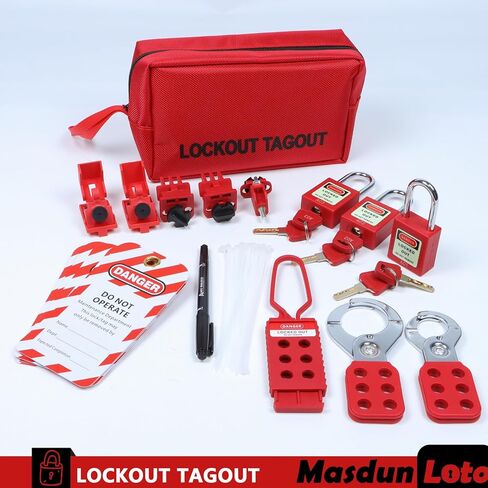 مجموعة Masdun Loto Lockout Tagout Kit الكهربائية - مشابك قفل المجموعة، قفل قاطع الدائرة، علامات القفل، أقفال أمان مع أرقام، أربطة نايلون مع حقيبة جيب (طقم أحمر) in Saudi Arabia