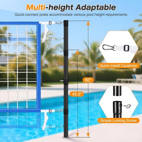 Inground Pool Volleyball Net Set, Adjustable Length & Height Pool Volleyball Net, Compatible with 3 Universal Ground-Mounted Bases, Includes 2 Glow-in-the-Dark Inflatable Pool Volleyballs in Kuwait