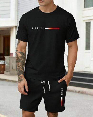 Men's 2 Piece Outfits Short Sleeve Graphic Tee Shirts and Shorts Tracksuits Set in Saudi Arabia
