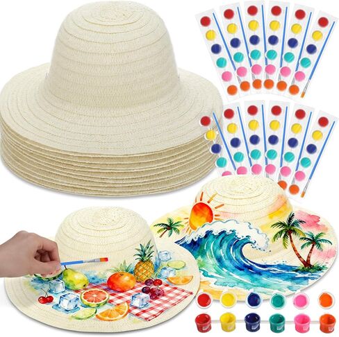 6 Set DIY Straw Hat Set DIY Tea Party Hats Handmade Cap with Paints Brushes Craft Art Painting Cap Tea Party Supplies Mexican Arts Crafts Gifts for adults Women Men in Kuwait