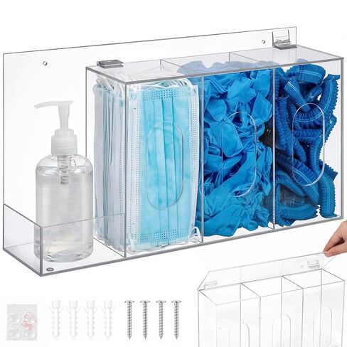 Xuhal Hand Sanitizer and Glove Holder Dispenser with Lid Clear Acrylic Wall Mount or Tabletop 4 Compartments Hygiene Station for Disposable Face Mask Shoe Cover Hairnets Industrial Commercial Use in Kuwait