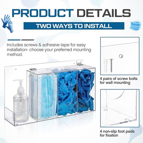 Xuhal Hand Sanitizer and Glove Holder Dispenser with Lid Clear Acrylic Wall Mount or Tabletop 4 Compartments Hygiene Station for Disposable Face Mask Shoe Cover Hairnets Industrial Commercial Use in Kuwait