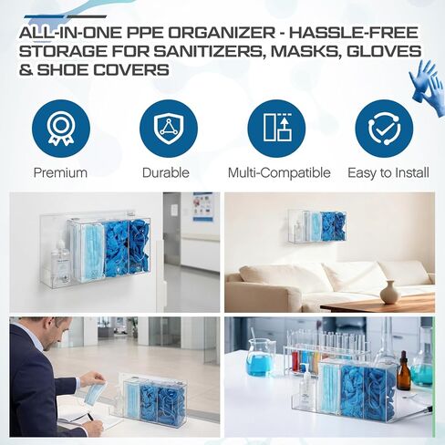Xuhal Hand Sanitizer and Glove Holder Dispenser with Lid Clear Acrylic Wall Mount or Tabletop 4 Compartments Hygiene Station for Disposable Face Mask Shoe Cover Hairnets Industrial Commercial Use in Kuwait