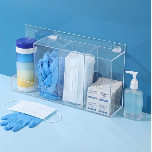 Xuhal Hand Sanitizer and Glove Holder Dispenser with Lid Clear Acrylic Wall Mount or Tabletop 4 Compartments Hygiene Station for Disposable Face Mask Shoe Cover Hairnets Industrial Commercial Use in Kuwait