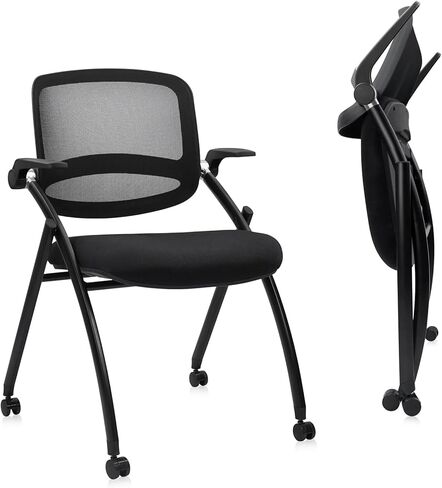 CLATINA Stackable & Foldable Conference Room Chairs, Waiting Room Chairs with Wheels & Lumbar Support, Ergonomic Mesh Bouncing Back Folding Chair for Office Meeting Schools Training, Black in Kuwait