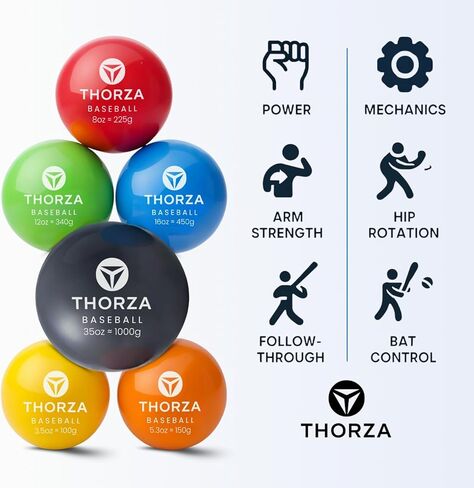 Thorza Weighted Training Balls (6-Pack) – Plyometric Throwing Set for Pitching Velocity & Arm Strength | Color-Coded Overload & Underload for Baseball Training in Kuwait