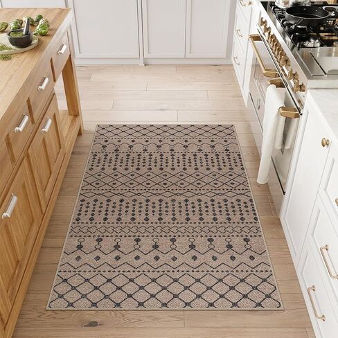 سجادة منطقة الجوت سهلة الاستخدام من Lahome Boho - 3x5 سجادة باب أمامية قابلة للغسل في الغسالة، سجادة مدخل سوداء، سجاد مطبخ هندسي، جنوب غربي غير قابل للانزلاق، سجادة مطبخ داخلية وخارجية لغرفة المعيشة وغرفة النوم والمكتب in Kuwait