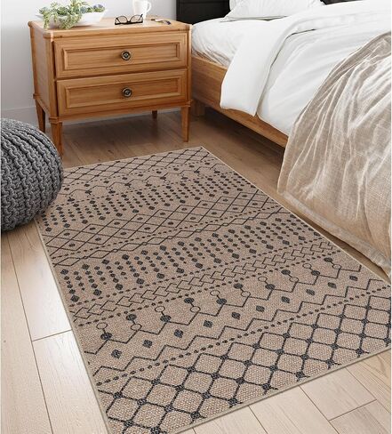 سجادة منطقة الجوت سهلة الاستخدام من Lahome Boho - 3x5 سجادة باب أمامية قابلة للغسل في الغسالة، سجادة مدخل سوداء، سجاد مطبخ هندسي، جنوب غربي غير قابل للانزلاق، سجادة مطبخ داخلية وخارجية لغرفة المعيشة وغرفة النوم والمكتب in Kuwait