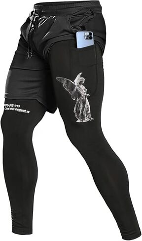 OEBLD Mens Christian Bible 2 in 1 Running Pants Elastic Christ Faith Waist Workout Gym Pants with Compression Liner in Saudi Arabia
