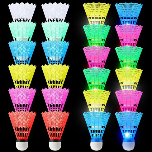 Soulchen 24 Pack 12 Pcs Colorful Badminton Birdies and 12 Pcs Glow in the Dark LED Shuttlecocks for Badminton Indoor Outdoor Training Exercise Gym Sports Activities in Kuwait