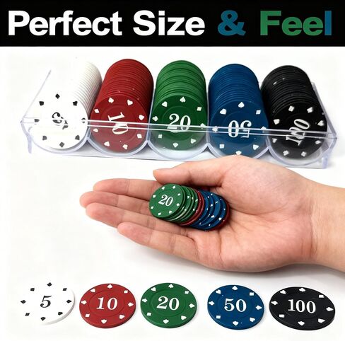 مجموعة رقائق البوكر البلاستيكية مع صندوق تخزين للعبة البلاك جاك، تكساس هولدم، ألعاب البوكر الليلية (100 قطعة) in Kuwait