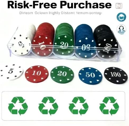 مجموعة رقائق البوكر البلاستيكية مع صندوق تخزين للعبة البلاك جاك، تكساس هولدم، ألعاب البوكر الليلية (100 قطعة) in Kuwait