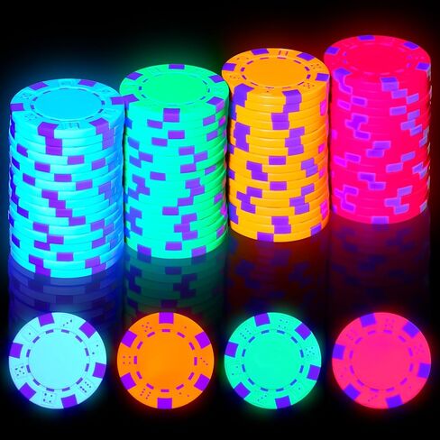 Duraaamo 100 Pcs Glow in The Dark Casino Chips, Black Light Clay Composite Dice Striped Neon Fluorescent Casino Chips for Glow in The Dark UV Light Playing Party Supplies Games in Kuwait