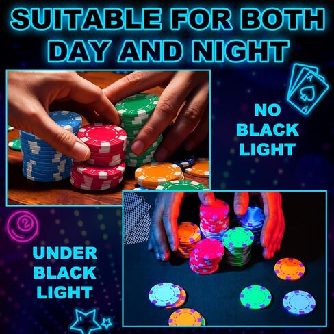 Duraaamo 100 Pcs Glow in The Dark Casino Chips, Black Light Clay Composite Dice Striped Neon Fluorescent Casino Chips for Glow in The Dark UV Light Playing Party Supplies Games in Kuwait
