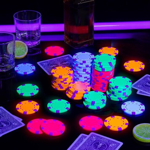 Duraaamo 100 Pcs Glow in The Dark Casino Chips, Black Light Clay Composite Dice Striped Neon Fluorescent Casino Chips for Glow in The Dark UV Light Playing Party Supplies Games in Kuwait