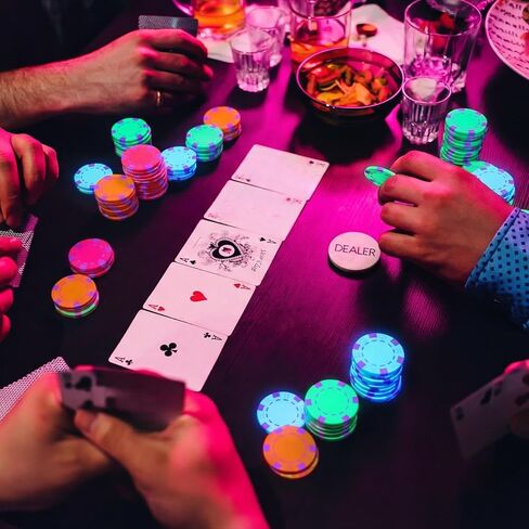 Duraaamo 100 Pcs Glow in The Dark Casino Chips, Black Light Clay Composite Dice Striped Neon Fluorescent Casino Chips for Glow in The Dark UV Light Playing Party Supplies Games in Kuwait