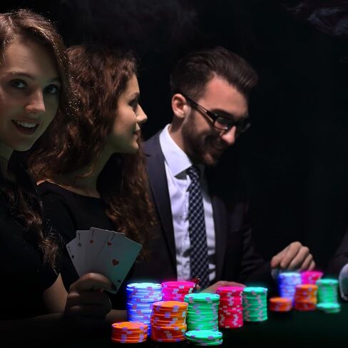 Duraaamo 100 Pcs Glow in The Dark Casino Chips, Black Light Clay Composite Dice Striped Neon Fluorescent Casino Chips for Glow in The Dark UV Light Playing Party Supplies Games in Kuwait