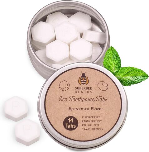 أقراص معجون أسنان سوبر بي دينتوس، 100 قرص معجون أسنان، خالية من الفلورايد وصديقة للبيئة، أقراص غسول الفم للسفر، لدغات معجون الأسنان الحساسة للأطفال البالغين، قرص معجون أسنان قابل للمضغ، نعناع. in Kuwait