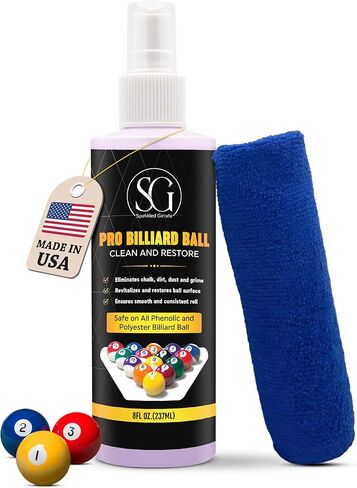 Billiard Ball Cleaner and Restorer with Cleaning Cloth - Pool Ball Cleaner for Consistent Roll, Billiard Ball Cleaner Spray for Professional Care - Removes Chalk Residue, Dust, Dirt, and Grime - 8 Oz in Saudi Arabia