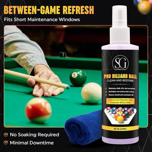 Billiard Ball Cleaner and Restorer with Cleaning Cloth - Pool Ball Cleaner for Consistent Roll, Billiard Ball Cleaner Spray for Professional Care - Removes Chalk Residue, Dust, Dirt, and Grime - 8 Oz in Saudi Arabia