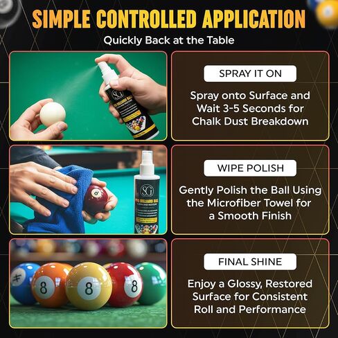 Billiard Ball Cleaner and Restorer with Cleaning Cloth - Pool Ball Cleaner for Consistent Roll, Billiard Ball Cleaner Spray for Professional Care - Removes Chalk Residue, Dust, Dirt, and Grime - 8 Oz in Saudi Arabia
