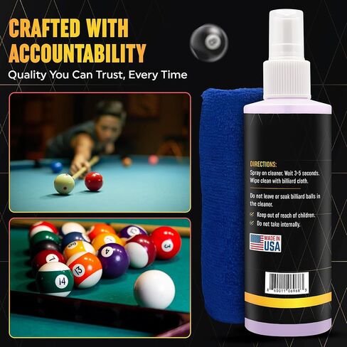 Billiard Ball Cleaner and Restorer with Cleaning Cloth - Pool Ball Cleaner for Consistent Roll, Billiard Ball Cleaner Spray for Professional Care - Removes Chalk Residue, Dust, Dirt, and Grime - 8 Oz in Saudi Arabia