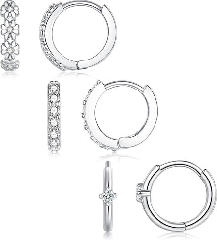 ZRU 3 Pairs Small Silver Hoop Huggie Earrings Set for Women Men Flower CZ Huggie Hoop Earrings Cartilage Piercing Earrings Hypoallgenic Silver Plated Earrings Trendy Gifts in Kuwait