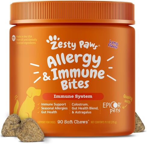 Zesty Paws Dog Allergy Relief - مكملات مضادة للحكة - أوميغا 3 بروبيوتيك للكلاب - صحة الجهاز الهضمي - مضغ ناعم للحساسية البشرة والموسمية - مع الحيوانات الأليفة epicor - جرو - Lamb - 90 Count in Saudi Arabia