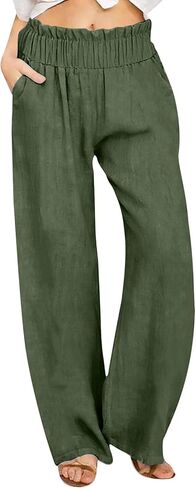 Womens Cotton Linen Palazzo Pants Summer High Waisted Wide Leg Long Lounge Pant Beach Vacation Trousers with Pockets in Saudi Arabia
