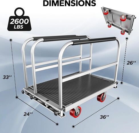 2IN1 Heavy Duty Panel Truck, 36" x 24" Platform Cart w/Rubber Mat & 3 Handrails, 2600 lbs Capacity Drywall & Lumber Cart, Flatbed Cart w/2 Swivel Casters, All-Steel Hand Truck Push Cart in Kuwait