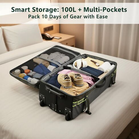 حقبة حقيبة داكشن ذات عجلات لحقيبة داكز ذات سفر مع عجلات-100 لتر من الخدمة الشاقة الكبيرة مع العجلات والمقبض ، و 5 مقابض ، وأشرطة ضغط ، وسلالة أمتعة قابلة للتوسيع (أسود) in Kuwait
