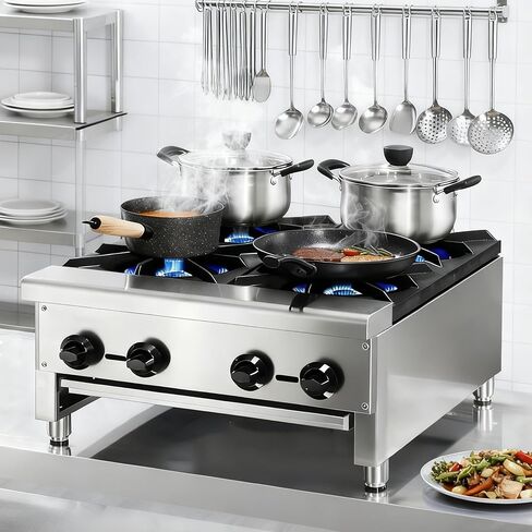 Commercial Gas Stove with 4 Burners Propane & Natural Gas Countertop Cooking Stove Range Stainless Steel Hot Plate Stainless Steel Commercial Cooking Equipment For Restaurant Kitchen 112,000 BTU in Saudi Arabia