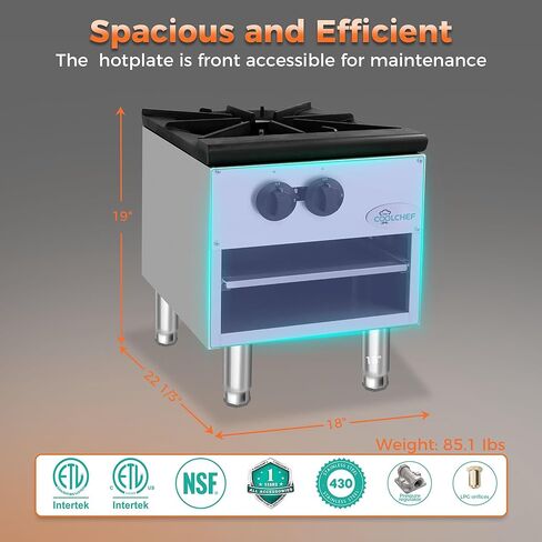 لوح تسخين COOLCHEF مقاس 18 بوصة بقدرة 80,000 وحدة حرارية بريطانية، موقد عالي التحمل، موقد غاز تجاري من الفولاذ المقاوم للصدأ، قابل للتحويل NG/LP، معتمد من ETL in Saudi Arabia