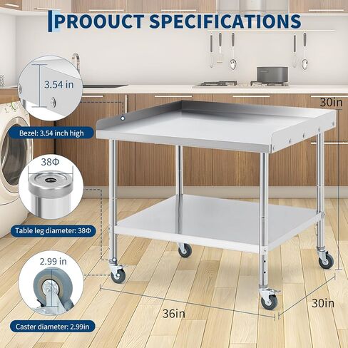 CABIHOME 28x24 Heavy-Duty Commercial Stainless Steel Prep Table on Wheels with Adjustable Undershelf & Removable Backsplash — Sturdy 440 LBS Capacity Workstation for Kitchens, Restaurants & Garages in Saudi Arabia