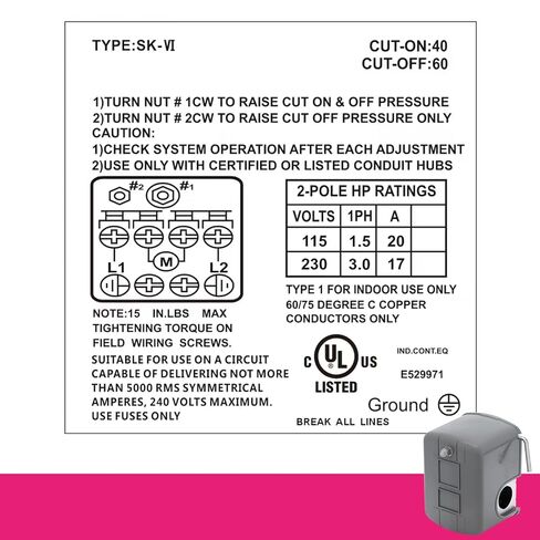 Water Pump Pressure Switch, 40-60PSI Pressure Setting, 1/4" NPT Female, Air-Pump Pressure Switch, Schneider 9013FSG2J24M4 Compatible in Kuwait