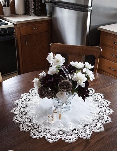 LINENS ART AND THINGS Lace Doily White Antique European Peacock Tail on Jacquard Fabric Round Table Topper Wedding Décor (23 Inch Round) in Saudi Arabia