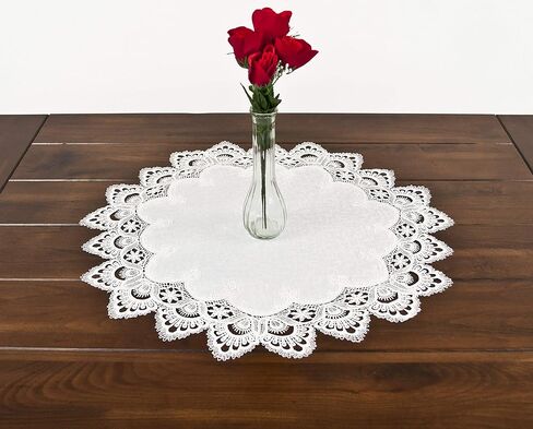 LINENS ART AND THINGS Lace Doily White Antique European Peacock Tail on Jacquard Fabric Round Table Topper Wedding Décor (23 Inch Round) in Saudi Arabia