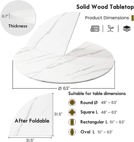 Round Folding Table Top Extender 48/55/59/63/71/79" Solid Wood Table Extension For Dining Table Extender Top Fold Wooden Tabletop for Kitchen Restaurant Workbench Outdoor (White, D - 63") in Kuwait