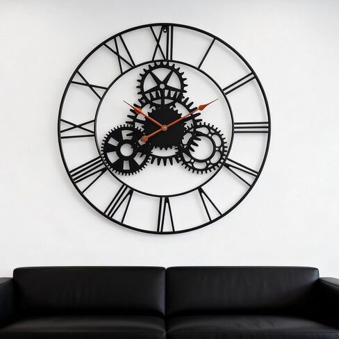 Steampunk Wall Clock 24 Inch, Industrial Metal Gears with Roman Numerals, Retro Distressed Finish Mechanical Art for Bar, Living Room, Cafe Decor in Saudi Arabia